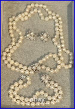 Vintage 14k Gold Pearl & Diamond Cluster Earrings Necklace Bracelet Set w Papers