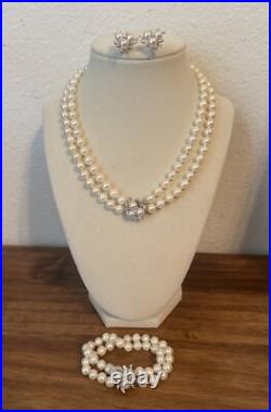 Vintage 14k Gold Pearl & Diamond Cluster Earrings Necklace Bracelet Set w Papers