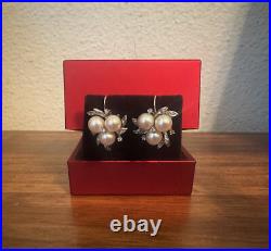 Vintage 14k Gold Pearl & Diamond Cluster Earrings Necklace Bracelet Set w Papers