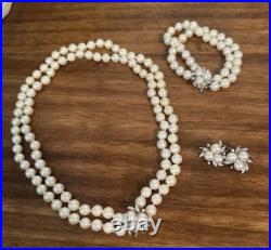 Vintage 14k Gold Pearl & Diamond Cluster Earrings Necklace Bracelet Set w Papers