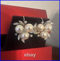 Vintage 14k Gold Pearl & Diamond Cluster Earrings Necklace Bracelet Set w Papers