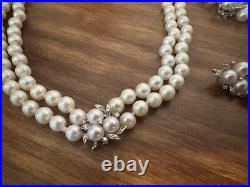 Vintage 14k Gold Pearl & Diamond Cluster Earrings Necklace Bracelet Set w Papers