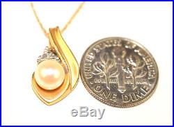 Vintage 14k Gold Pearl & Diamond Swirl Setting Pendant 16 14k Chain Necklace