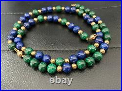 Vintage 14k Large Yellow Gold Malachite Lapis Lazuli Bead Necklace Bracelet Set