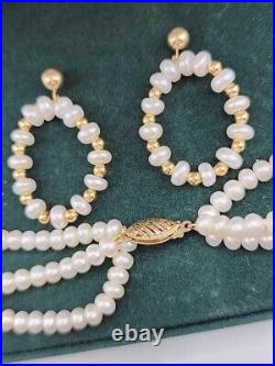 Vintage 14k Solid Gold Pearl Necklace & Earring Set Estate Jewelry