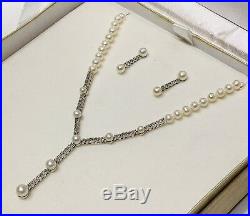 Vintage 14k White Gold Diamonds & Pearls Necklace With Earrings Set MINT Cond