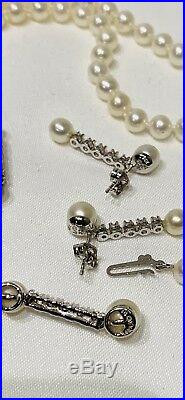 Vintage 14k White Gold Diamonds & Pearls Necklace With Earrings Set MINT Cond