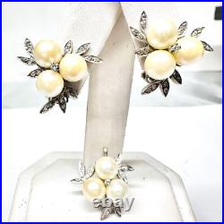 Vintage 14k White Gold Pearl and. 50cts Diamond Pendant & Clip On Earrings Set