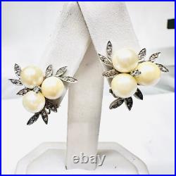 Vintage 14k White Gold Pearl and. 50cts Diamond Pendant & Clip On Earrings Set
