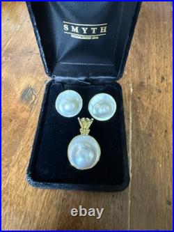 Vintage 14k Yellow Gold 2cm 10mm Mabe White Pearl Pendant And Earrings Set RARE Vintage 14k Yellow Gold 2cm 10mm Mabe White Pearl Pendant And Earrings Set RARE