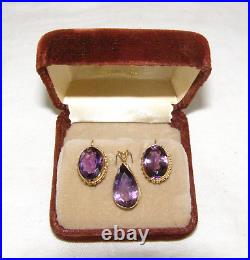 Vintage 14k Yellow Gold, 3-pc. Facetted Set-deep Amethyst Pendant+drop Earrings