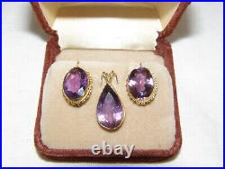 Vintage 14k Yellow Gold, 3-pc. Facetted Set-deep Amethyst Pendant+drop Earrings