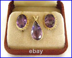 Vintage 14k Yellow Gold, 3-pc. Facetted Set-deep Amethyst Pendant+drop Earrings