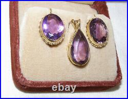 Vintage 14k Yellow Gold, 3-pc. Facetted Set-deep Amethyst Pendant+drop Earrings