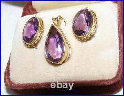 Vintage 14k Yellow Gold, 3-pc. Facetted Set-deep Amethyst Pendant+drop Earrings