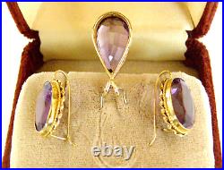 Vintage 14k Yellow Gold, 3-pc. Facetted Set-deep Amethyst Pendant+drop Earrings