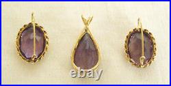 Vintage 14k Yellow Gold, 3-pc. Facetted Set-deep Amethyst Pendant+drop Earrings