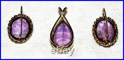 Vintage 14k Yellow Gold, 3-pc. Facetted Set-deep Amethyst Pendant+drop Earrings