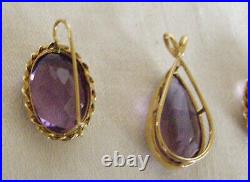 Vintage 14k Yellow Gold, 3-pc. Facetted Set-deep Amethyst Pendant+drop Earrings