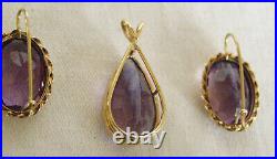 Vintage 14k Yellow Gold, 3-pc. Facetted Set-deep Amethyst Pendant+drop Earrings