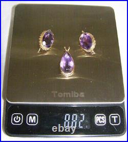 Vintage 14k Yellow Gold, 3-pc. Facetted Set-deep Amethyst Pendant+drop Earrings