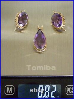 Vintage 14k Yellow Gold, 3-pc. Facetted Set-deep Amethyst Pendant+drop Earrings