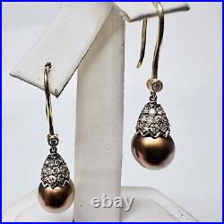 Vintage 14k Yellow Gold. 48cts Diamond Chocolate Pearl Earrings & Pendant Set