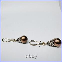 Vintage 14k Yellow Gold. 48cts Diamond Chocolate Pearl Earrings & Pendant Set