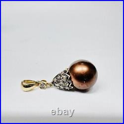 Vintage 14k Yellow Gold. 48cts Diamond Chocolate Pearl Earrings & Pendant Set