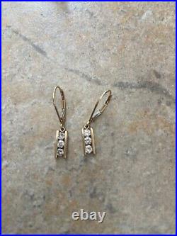 Vintage 14k Yellow Gold And 3 Stone Diamond Channel Set Dangle Drop Earrings