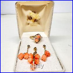 Vintage 14k Yellow Gold Angel Skin Coral Pearl Diamond Earring Pendant Ring Set