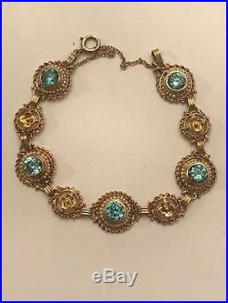 Vintage 14k Yellow Gold Bezel Set Blue Zircon & Seed Pearl Bracelet 6 1/2 10 Gr