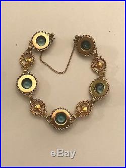 Vintage 14k Yellow Gold Bezel Set Blue Zircon & Seed Pearl Bracelet 6 1/2 10 Gr