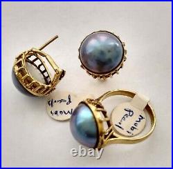 Vintage 14k Yellow Gold Classic Large Mabe Pearl Set Ring Clip Pierced Earrings