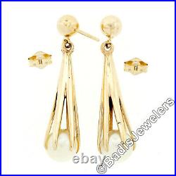 Vintage 14k Yellow Gold Claw Set 7.0mm Round Cultured Pearl Drop Dangle Earrings