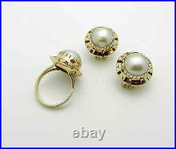 Vintage 14k Yellow Gold EARRINGS & RING Jewelry SET with MABE PEARL 12 grams