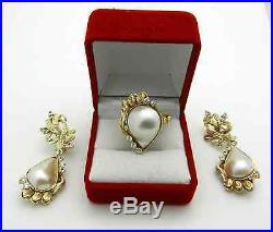 Vintage 14k Yellow Gold MABE Pearl Earrings & Ring Jewelry Set 18.8 grams