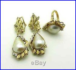 Vintage 14k Yellow Gold MABE Pearl Earrings & Ring Jewelry Set 18.8 grams