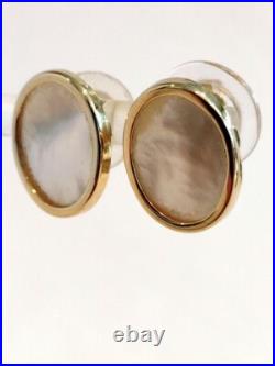 Vintage 14k Yellow Gold Oval Bezel Set Mother Of Pearl Post Earrings 2.7 Grams