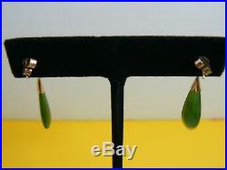Vintage 14k Yellow Gold Oval Jade Ring & Tear Drop Dangle Pierced Earring Set