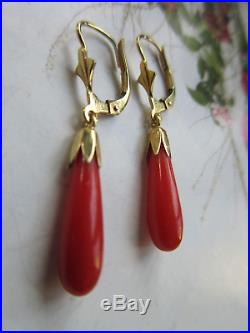Vintage 14k Yellow Gold Over Coral Drop Earrings For Women's Set Of 1 Pair RARE