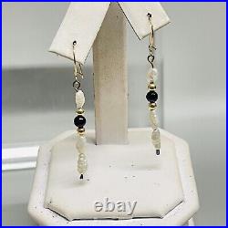 Vintage 14k Yellow Gold Pearl, Black Onyx, & Gold Beads Necklace & Earrings Set