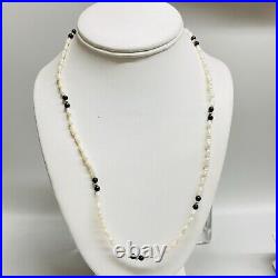 Vintage 14k Yellow Gold Pearl, Black Onyx, & Gold Beads Necklace & Earrings Set