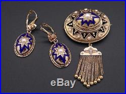 Vintage 14k Yellow Gold Pearl Blue Enamel Dangle Drop Earrings Brooch Pin Set