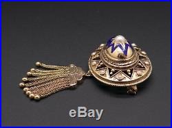 Vintage 14k Yellow Gold Pearl Blue Enamel Dangle Drop Earrings Brooch Pin Set