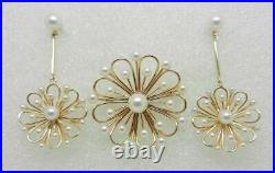 Vintage 14k Yellow Gold Pearl Brooch And Earrings Set Rare Find Lb3166