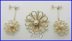 Vintage 14k Yellow Gold Pearl Brooch And Earrings Set Rare Find Lb3166