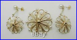 Vintage 14k Yellow Gold Pearl Brooch And Earrings Set Rare Find Lb3166