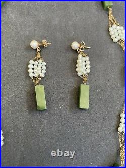 Vintage 14k Yellow Gold, Pearl, Jadeite Matching Necklace And Earring Set 24gram