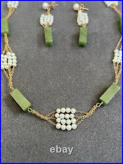 Vintage 14k Yellow Gold, Pearl, Jadeite Matching Necklace And Earring Set 24gram
